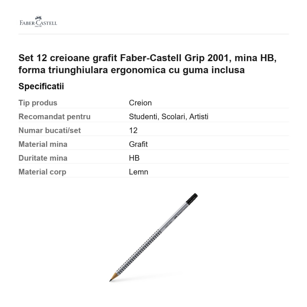 Set 12 creioane grafit Faber-Castell Grip 2001, mina HB, forma triunghiulara ergonomica cu guma inclusa [3]