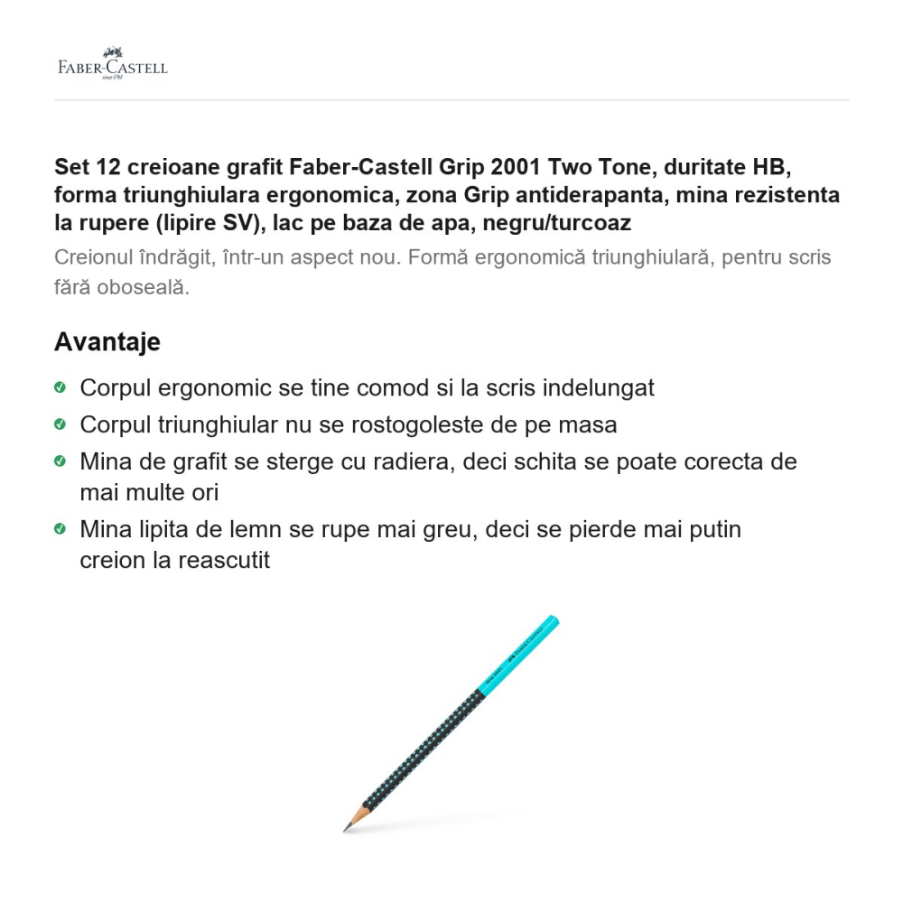 Set 12 creioane grafit Faber-Castell Grip 2001 Two Tone, duritate HB, forma triunghiulara ergonomica, zona Grip antiderapanta, mina rezistenta la rupere (lipire SV), lac pe baza de apa, negru/turcoaz [2]