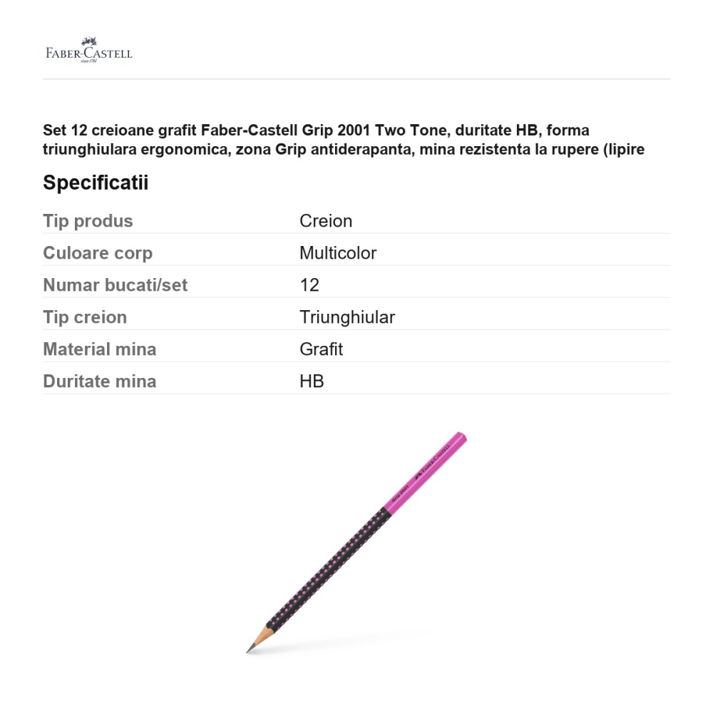 Set 12 creioane grafit Faber-Castell Grip 2001 Two Tone, duritate HB, forma triunghiulara ergonomica, zona Grip antiderapanta, mina rezistenta la rupere (lipire SV), lac pe baza de apa, negru/roz [3]