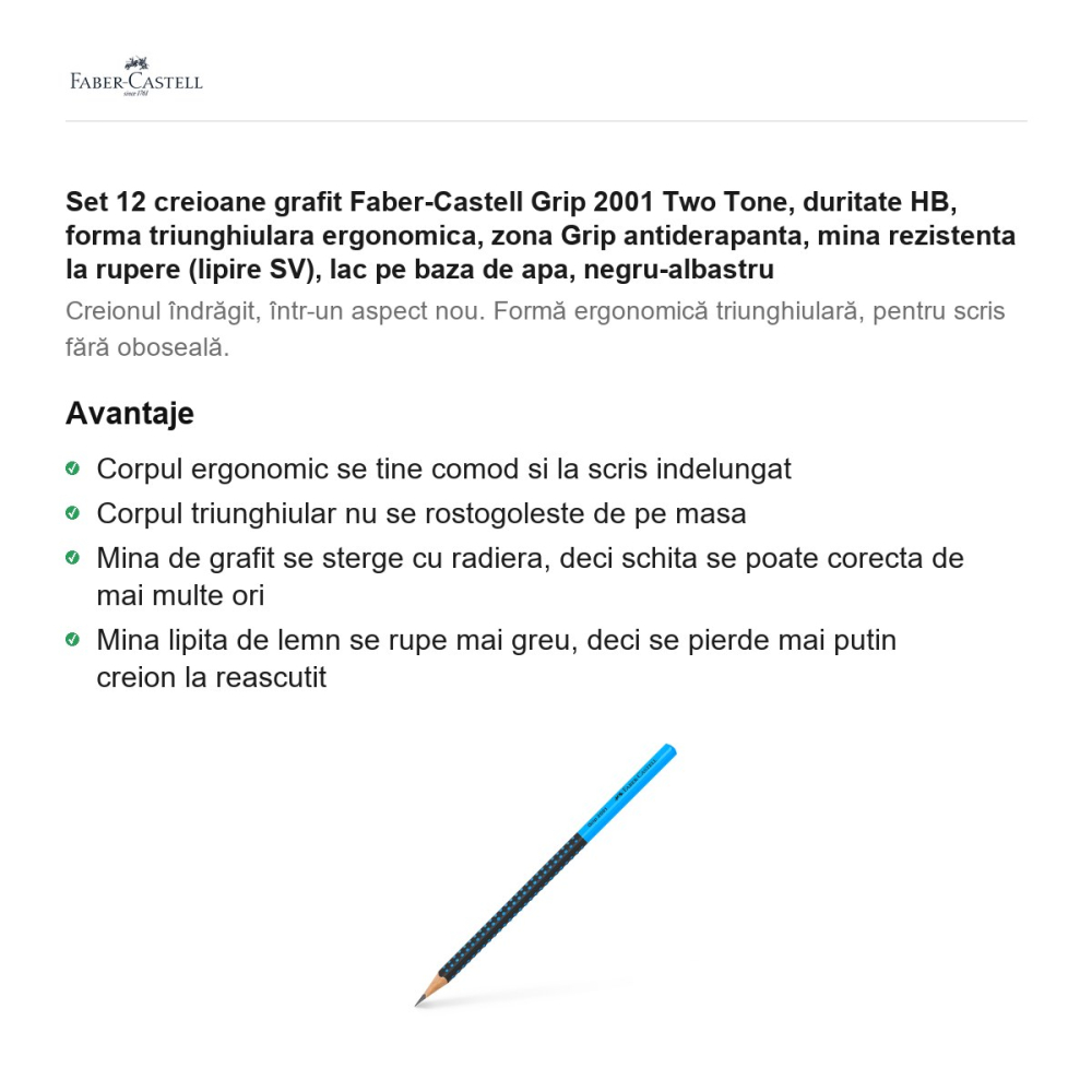 Set 12 creioane grafit Faber-Castell Grip 2001 Two Tone, duritate HB, forma triunghiulara ergonomica, zona Grip antiderapanta, mina rezistenta la rupere (lipire SV), lac pe baza de apa, negru-albastru [2]