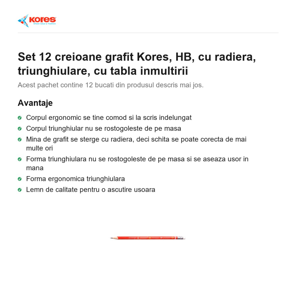 Set 12 creioane grafit Kores, HB, cu radiera, triunghiulare, cu tabla inmultirii [2]
