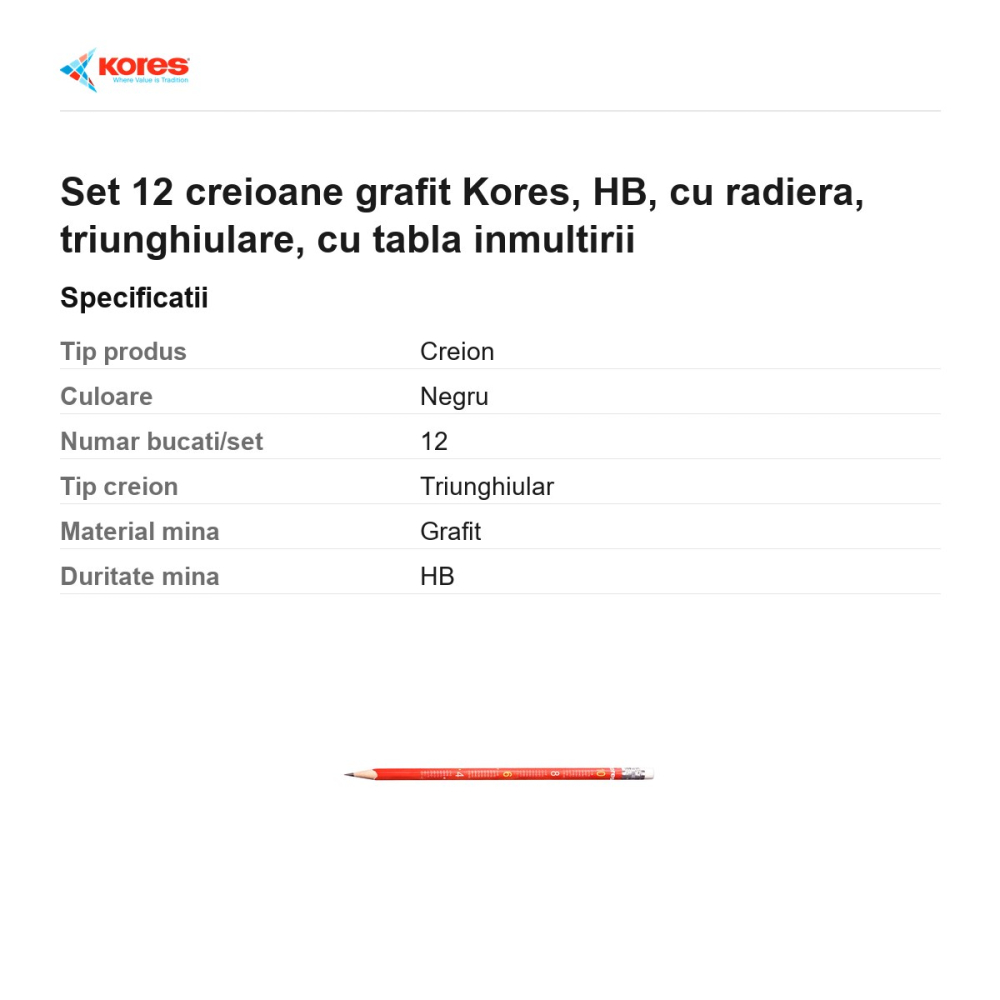 Set 12 creioane grafit Kores, HB, cu radiera, triunghiulare, cu tabla inmultirii [3]