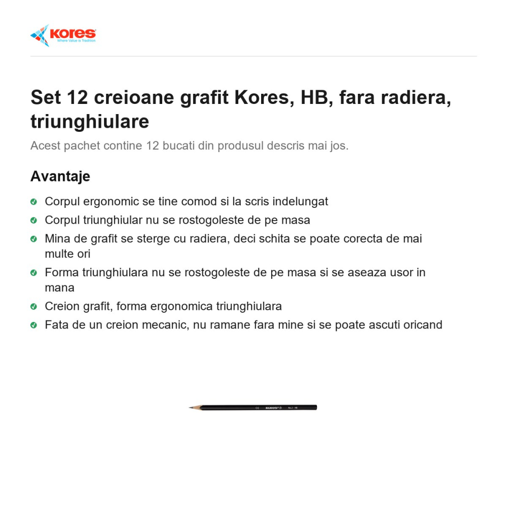 Set 12 creioane grafit Kores, HB, fara radiera, triunghiulare [2]