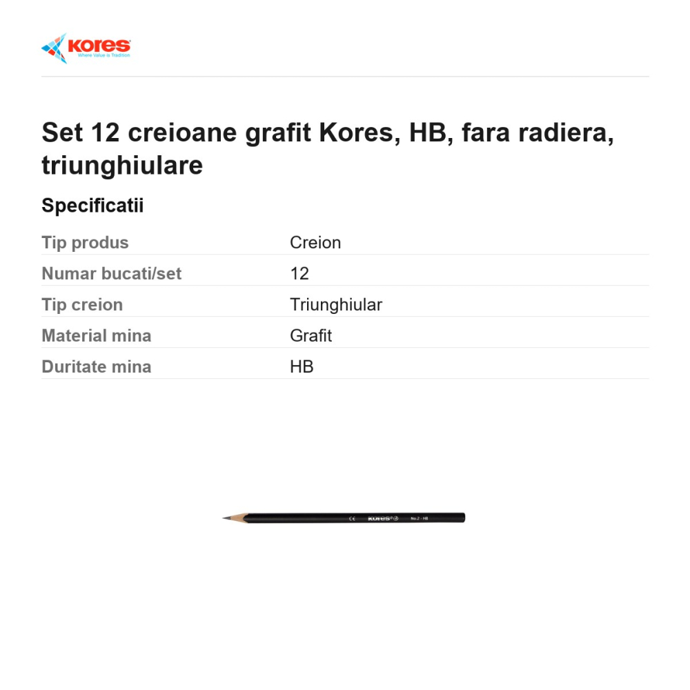 Set 12 creioane grafit Kores, HB, fara radiera, triunghiulare [3]