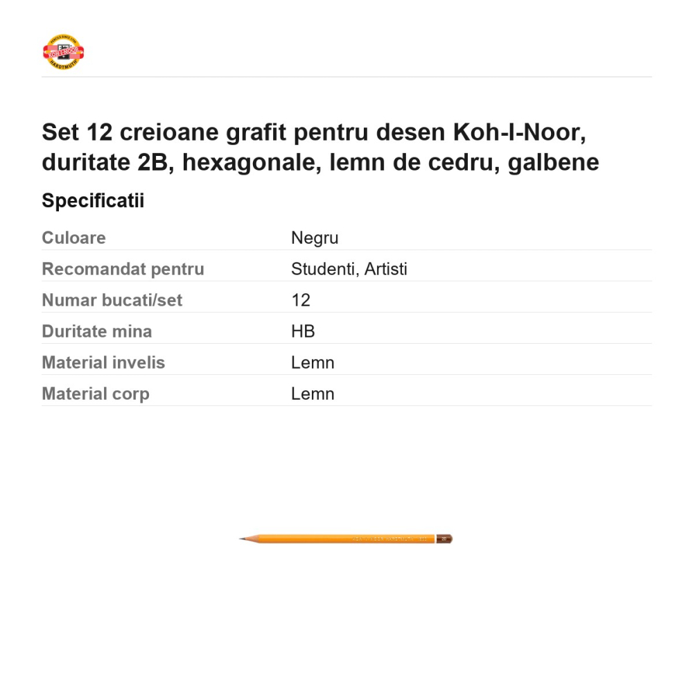 Set 12 creioane grafit pentru desen Koh-I-Noor, duritate 2B, hexagonale, lemn de cedru, galbene [3]