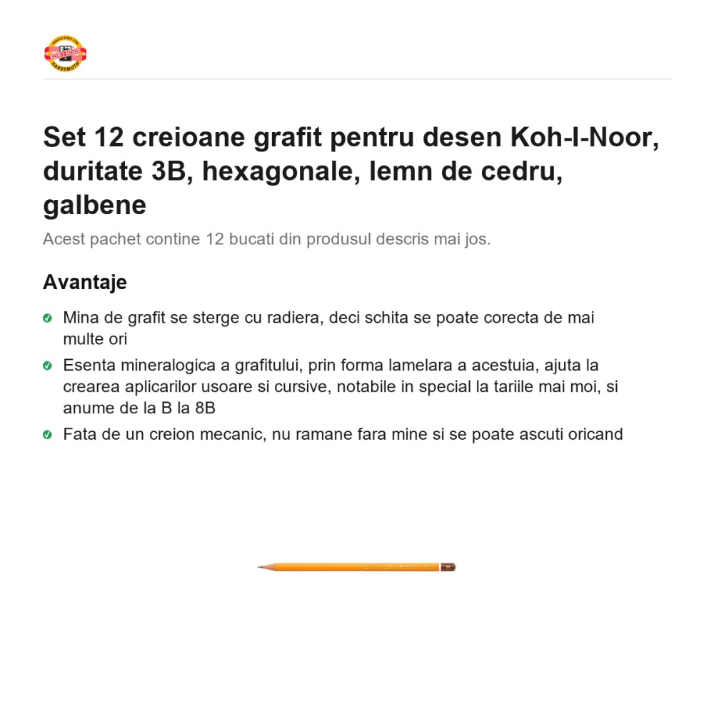 Set 12 creioane grafit pentru desen Koh-I-Noor, duritate 3B, hexagonale, lemn de cedru, galbene [2]