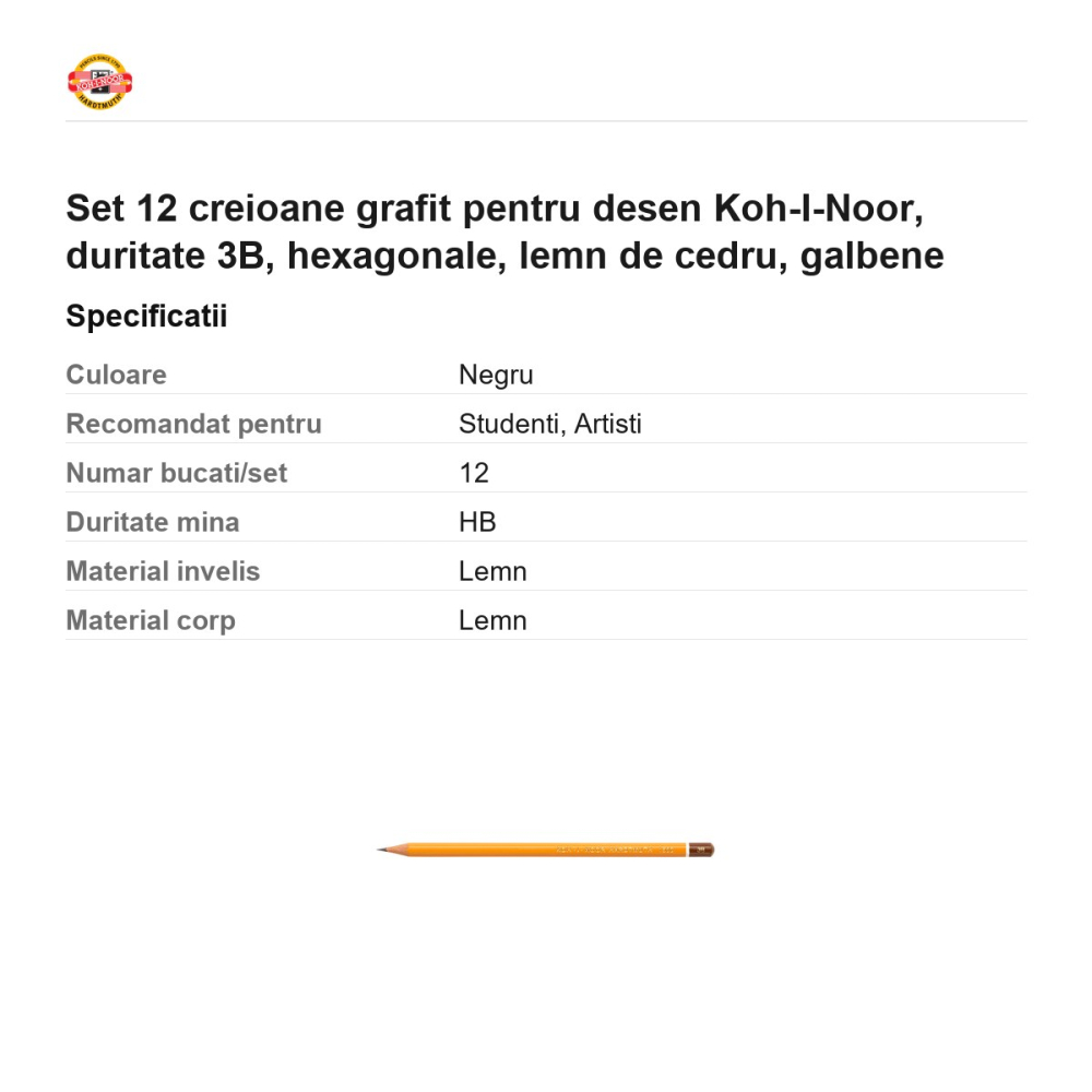 Set 12 creioane grafit pentru desen Koh-I-Noor, duritate 3B, hexagonale, lemn de cedru, galbene [3]