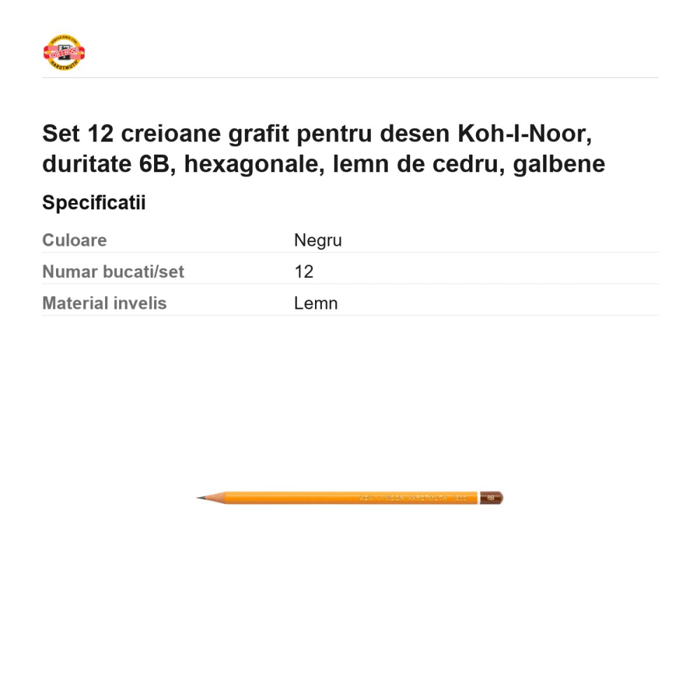 Set 12 creioane grafit pentru desen Koh-I-Noor, duritate 6B, hexagonale, lemn de cedru, galbene [3]
