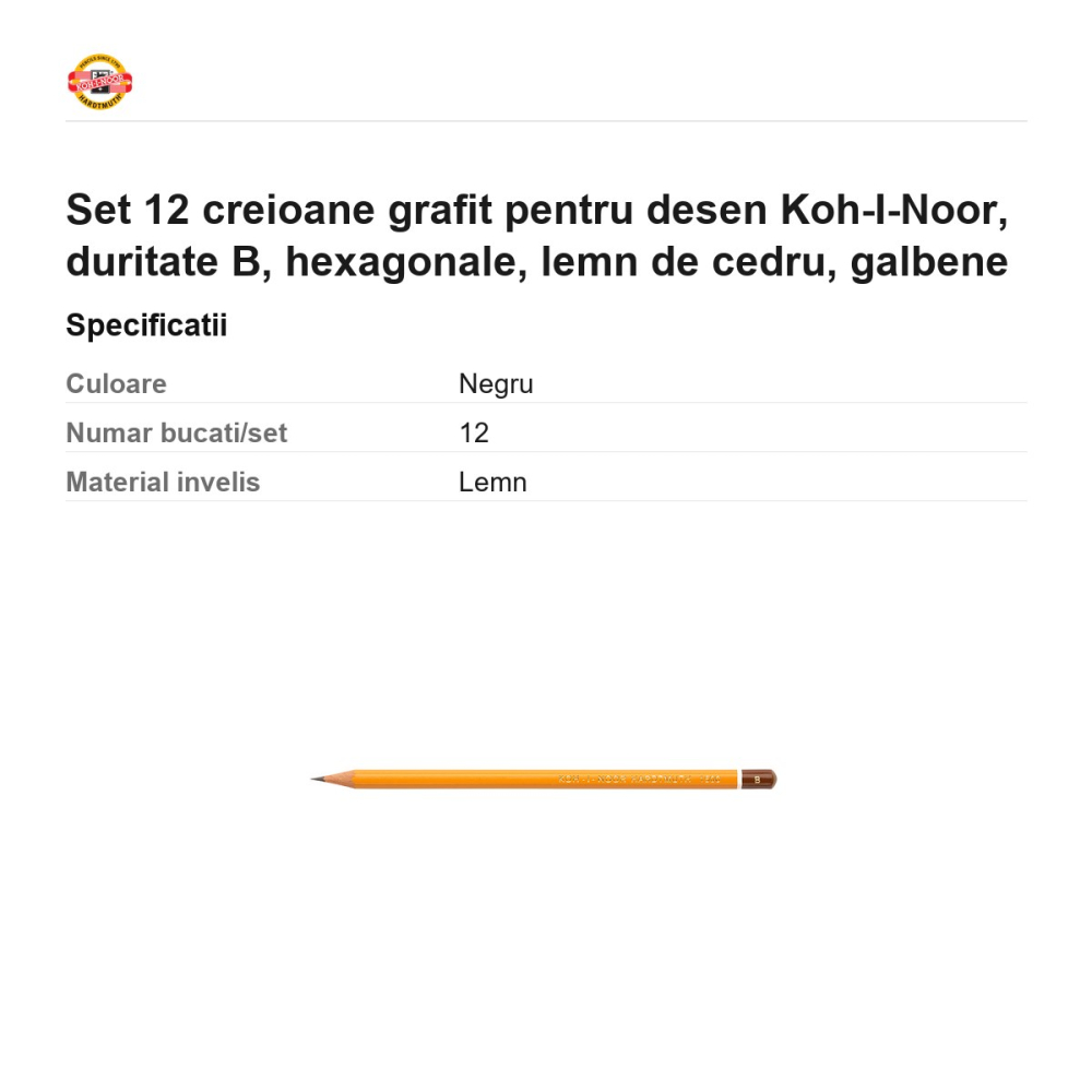 Set 12 creioane grafit pentru desen Koh-I-Noor, duritate B, hexagonale, lemn de cedru, galbene [3]