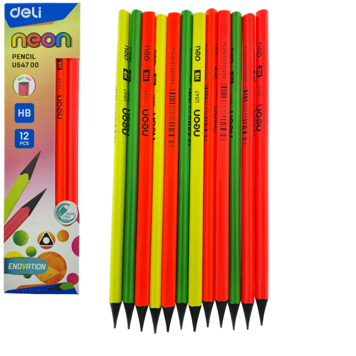 Set 12 creioane HB grafit, NEON U54700 DELI, wood free, corp triunghiular multicolor [1]