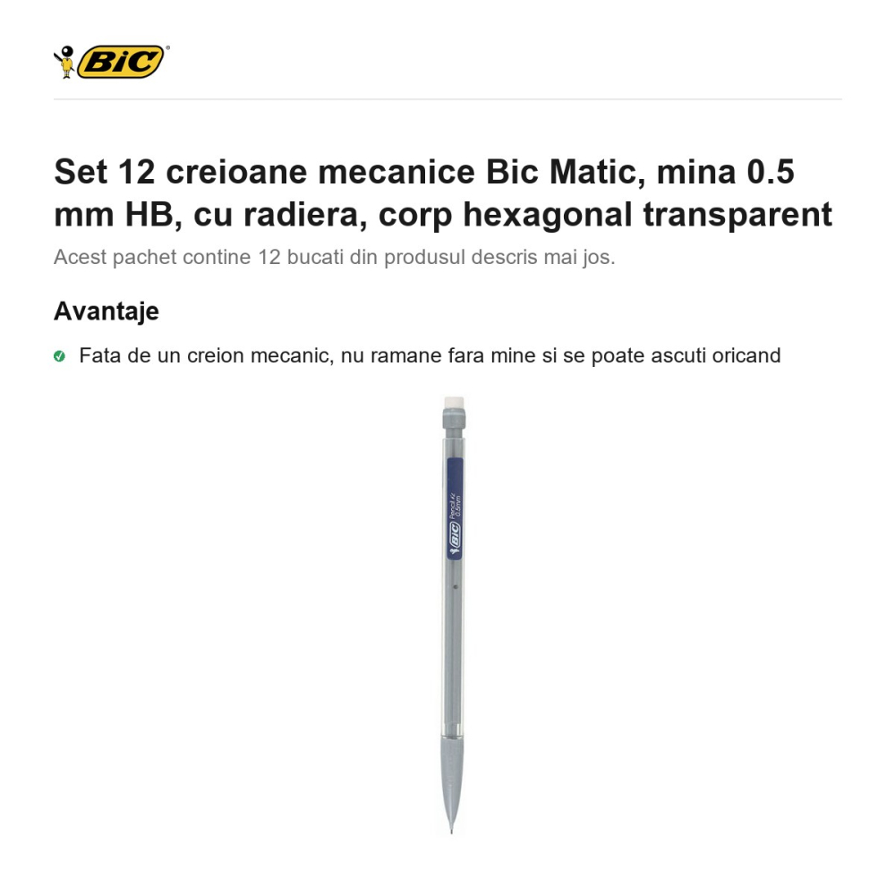 Set 12 creioane mecanice Bic Matic, mina 0.5 mm HB, cu radiera, corp hexagonal transparent [2]