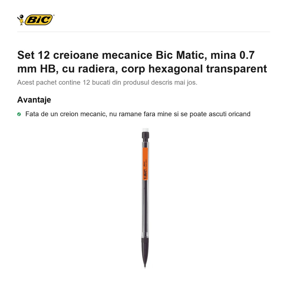 Set 12 creioane mecanice Bic Matic, mina 0.7 mm HB, cu radiera, corp hexagonal transparent [2]