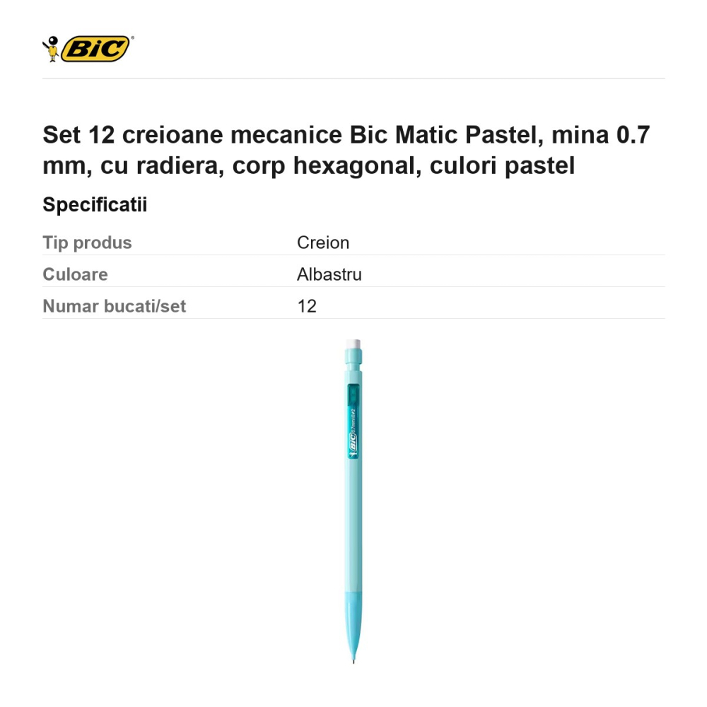 Set 12 creioane mecanice Bic Matic Pastel, mina 0.7 mm, cu radiera, corp hexagonal, culori pastel [3]
