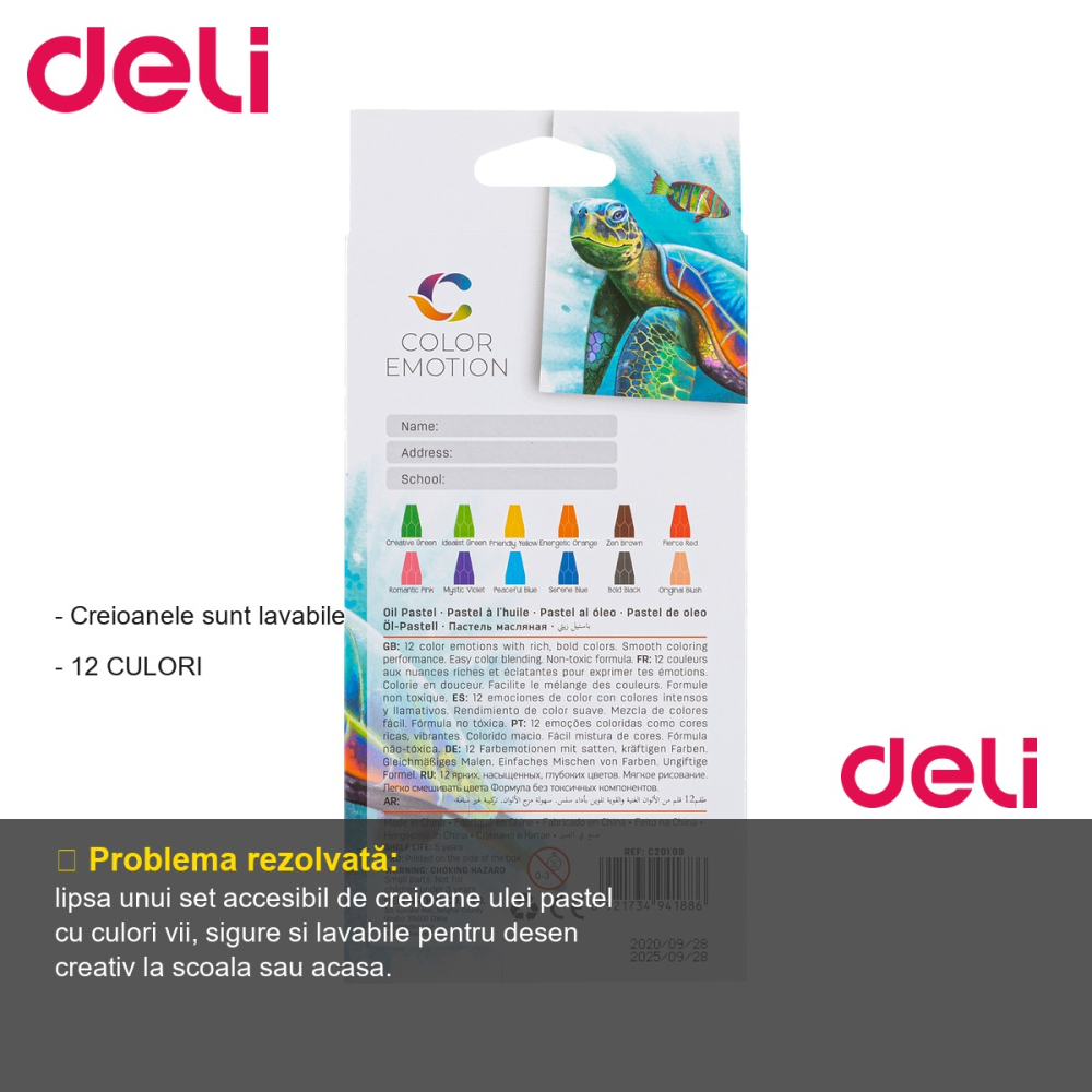 Set 12 creioane ulei pastel Deli Color Emotion, culori stralucitoare, lavabile, pentru desen si arta [2]