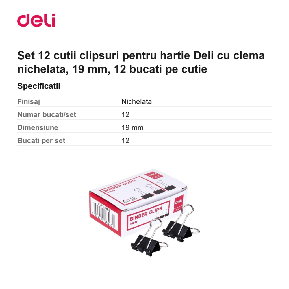 Set 12 cutii clipsuri pentru hartie Deli cu clema nichelata, 19 mm, 12 bucati pe cutie [3]