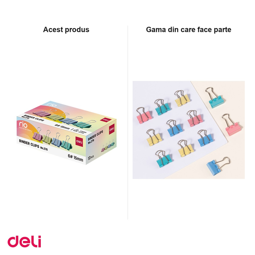 Set 12 cutii clipsuri pentru hartie Deli din metal, 15 mm, 12 bucati pe cutie, colorate [5]
