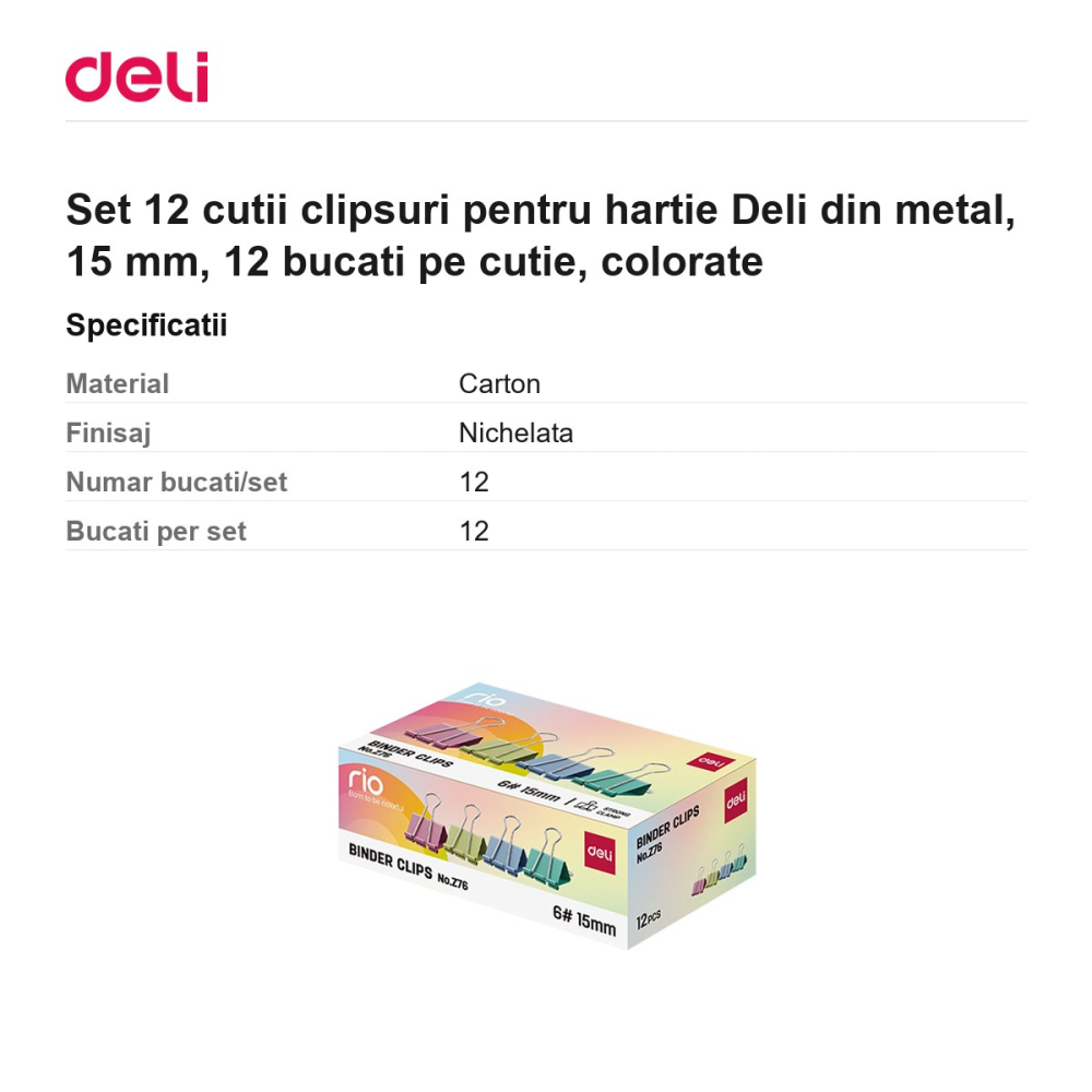 Set 12 cutii clipsuri pentru hartie Deli din metal, 15 mm, 12 bucati pe cutie, colorate [3]