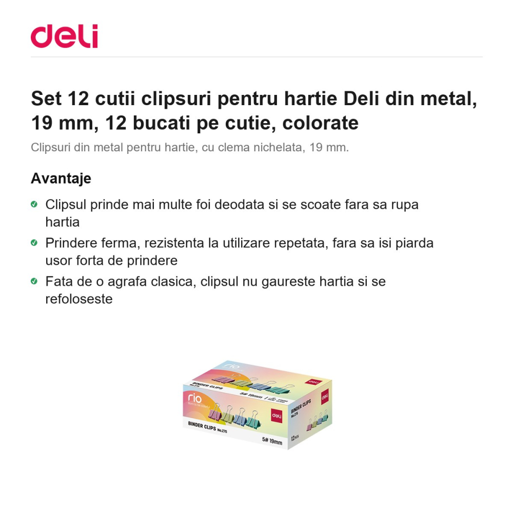 Set 12 cutii clipsuri pentru hartie Deli din metal, 19 mm, 12 bucati pe cutie, colorate [2]
