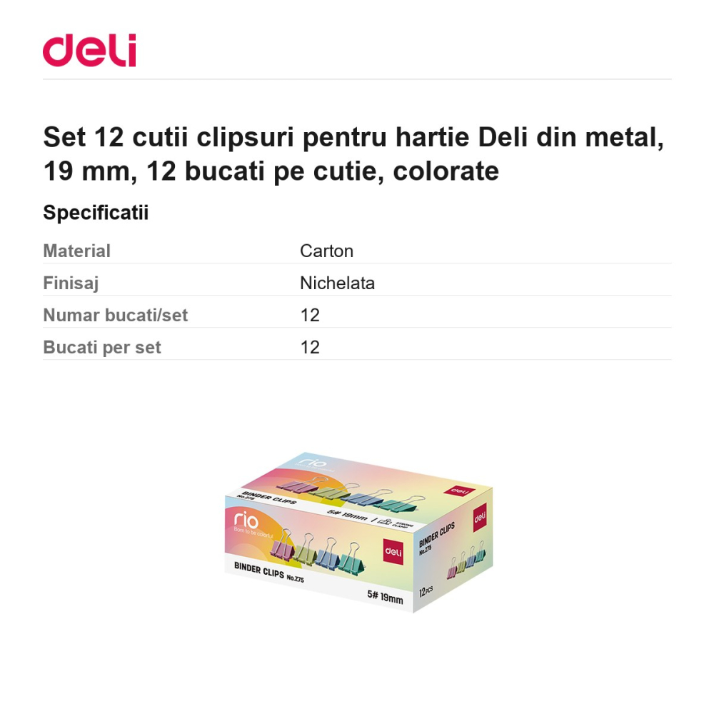 Set 12 cutii clipsuri pentru hartie Deli din metal, 19 mm, 12 bucati pe cutie, colorate [3]