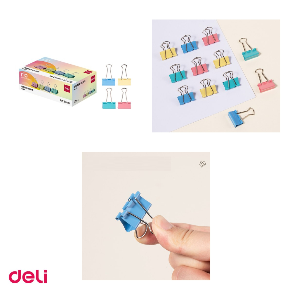 Set 12 cutii clipsuri pentru hartie Deli din metal, 25 mm, 12 bucati pe cutie, colorate [4]