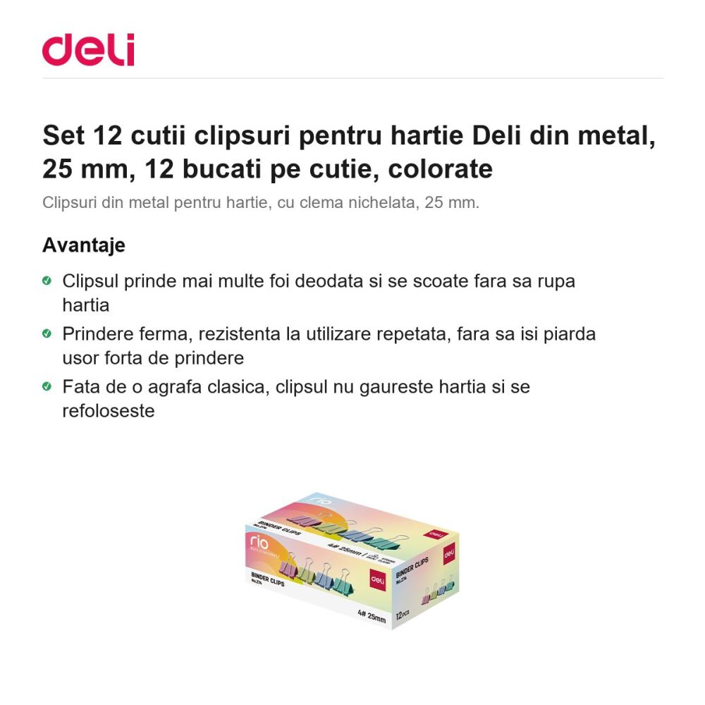Set 12 cutii clipsuri pentru hartie Deli din metal, 25 mm, 12 bucati pe cutie, colorate [2]
