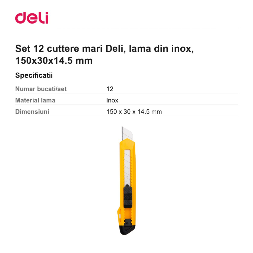 Set 12 cuttere mari Deli, lama din inox, 150x30x14.5 mm [3]