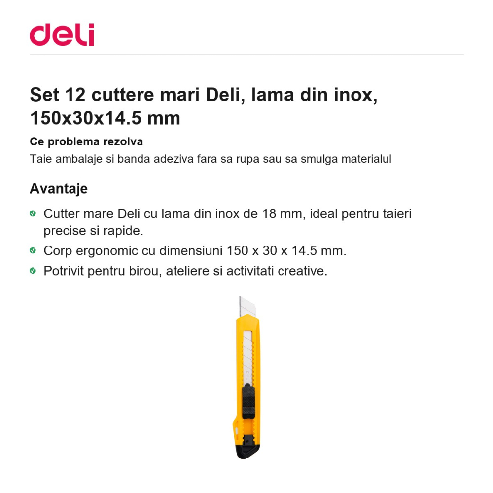 Set 12 cuttere mari Deli, lama din inox, 150x30x14.5 mm [2]