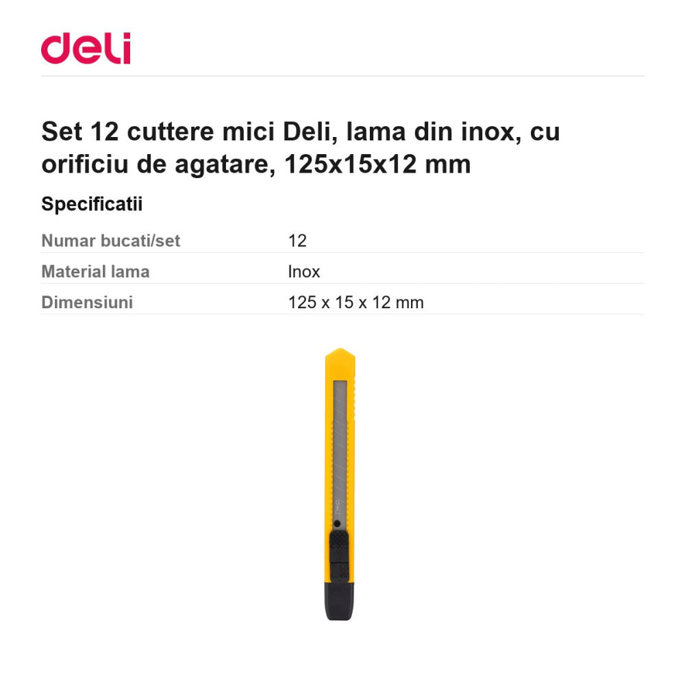 Set 12 cuttere mici Deli, lama din inox, cu orificiu de agatare, 125x15x12 mm [3]
