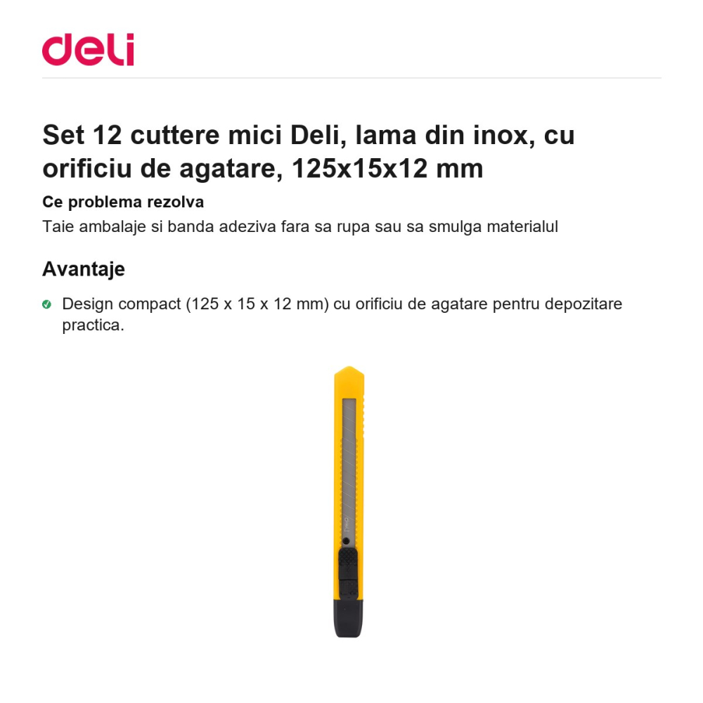 Set 12 cuttere mici Deli, lama din inox, cu orificiu de agatare, 125x15x12 mm [2]