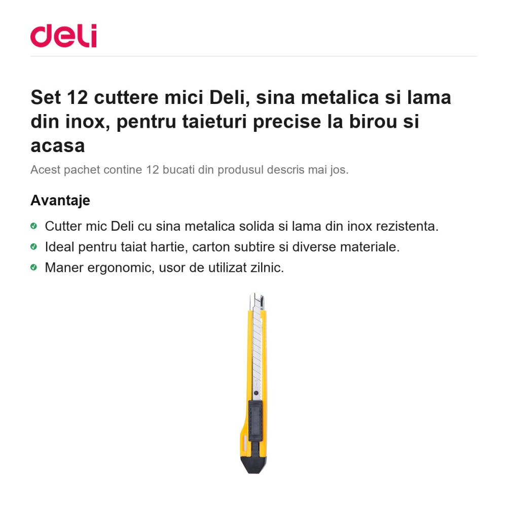 Set 12 cuttere mici Deli, sina metalica si lama din inox, pentru taieturi precise la birou si acasa [2]