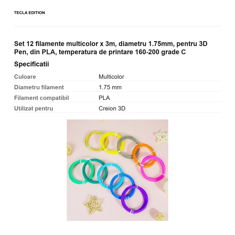 Set 12 filamente multicolor x 3m, diametru 1.75mm, pentru 3D Pen, din PLA, temperatura de printare 160-200 grade C [3]