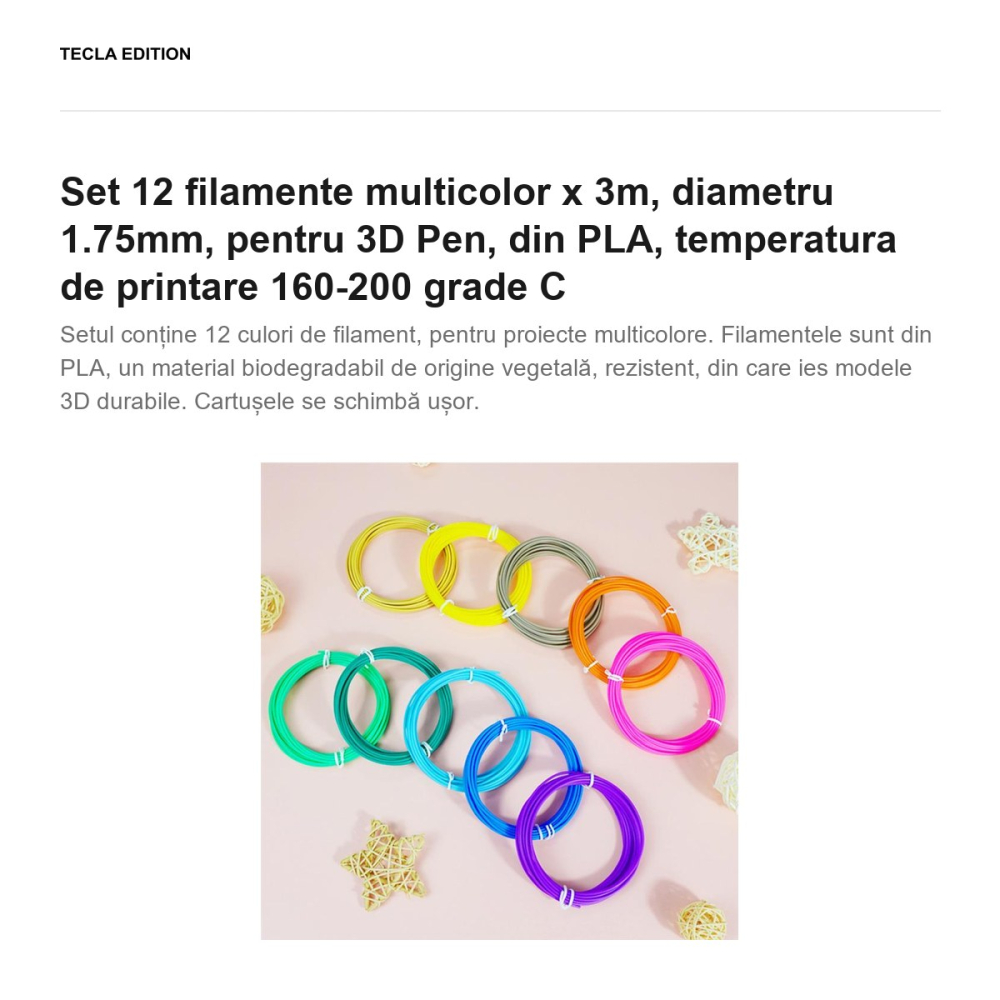Set 12 filamente multicolor x 3m, diametru 1.75mm, pentru 3D Pen, din PLA, temperatura de printare 160-200 grade C [2]