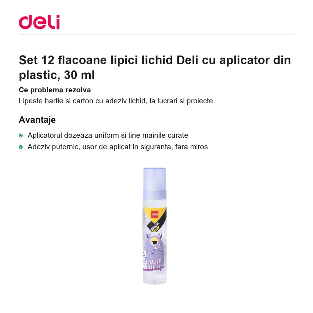 Set 12 flacoane lipici lichid Deli cu aplicator din plastic, 30 ml [2]