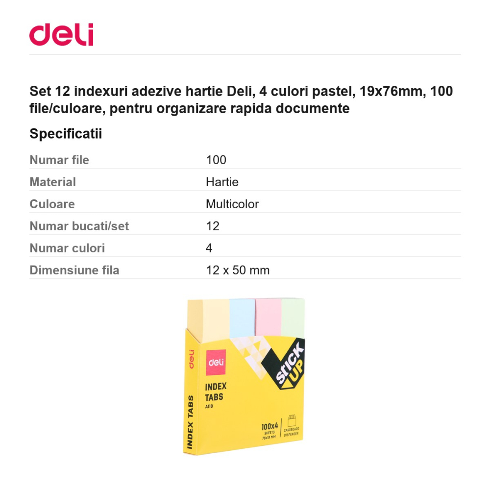 Set 12 indexuri adezive hartie Deli, 4 culori pastel, 19x76mm, 100 file/culoare, pentru organizare rapida documente [3]