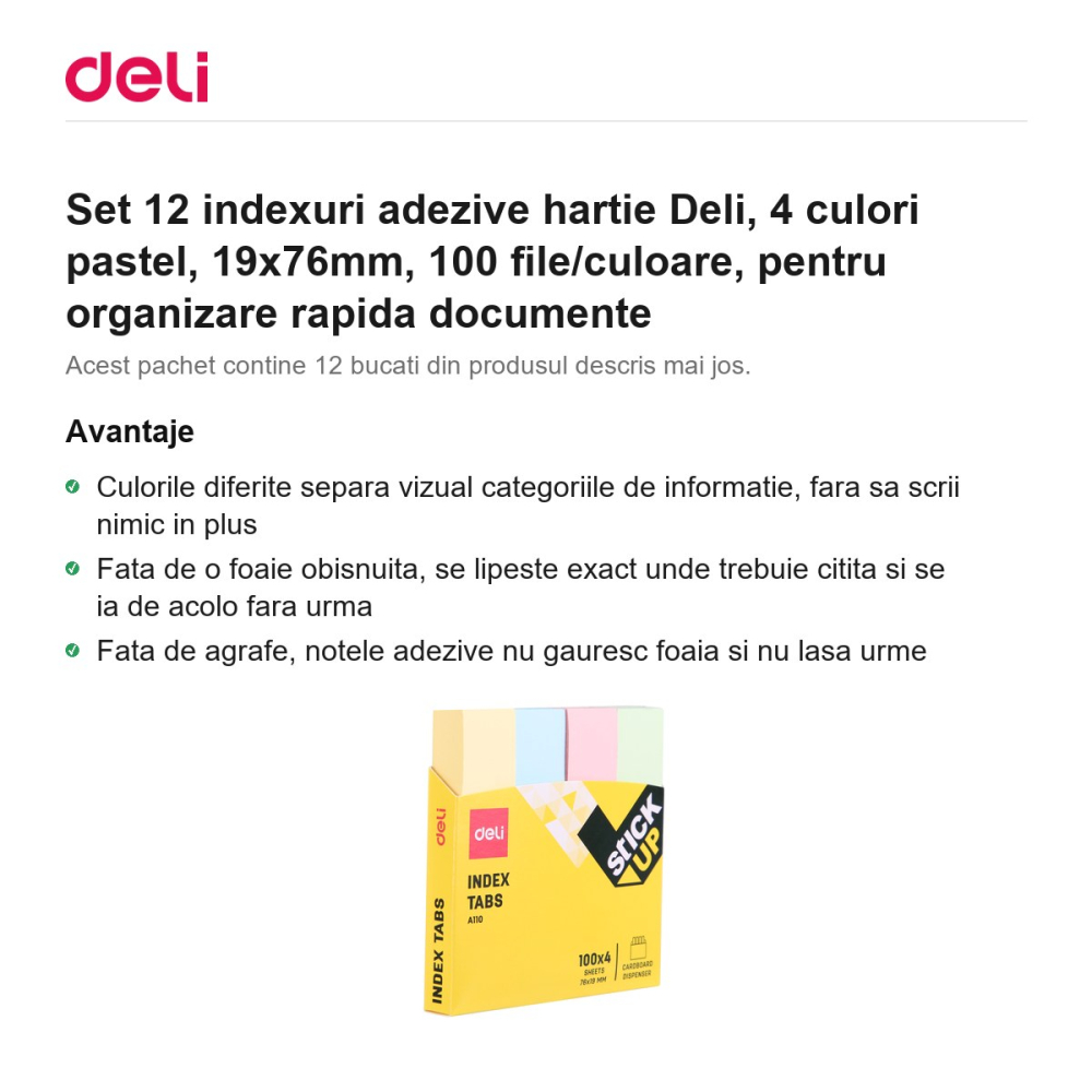 Set 12 indexuri adezive hartie Deli, 4 culori pastel, 19x76mm, 100 file/culoare, pentru organizare rapida documente [2]