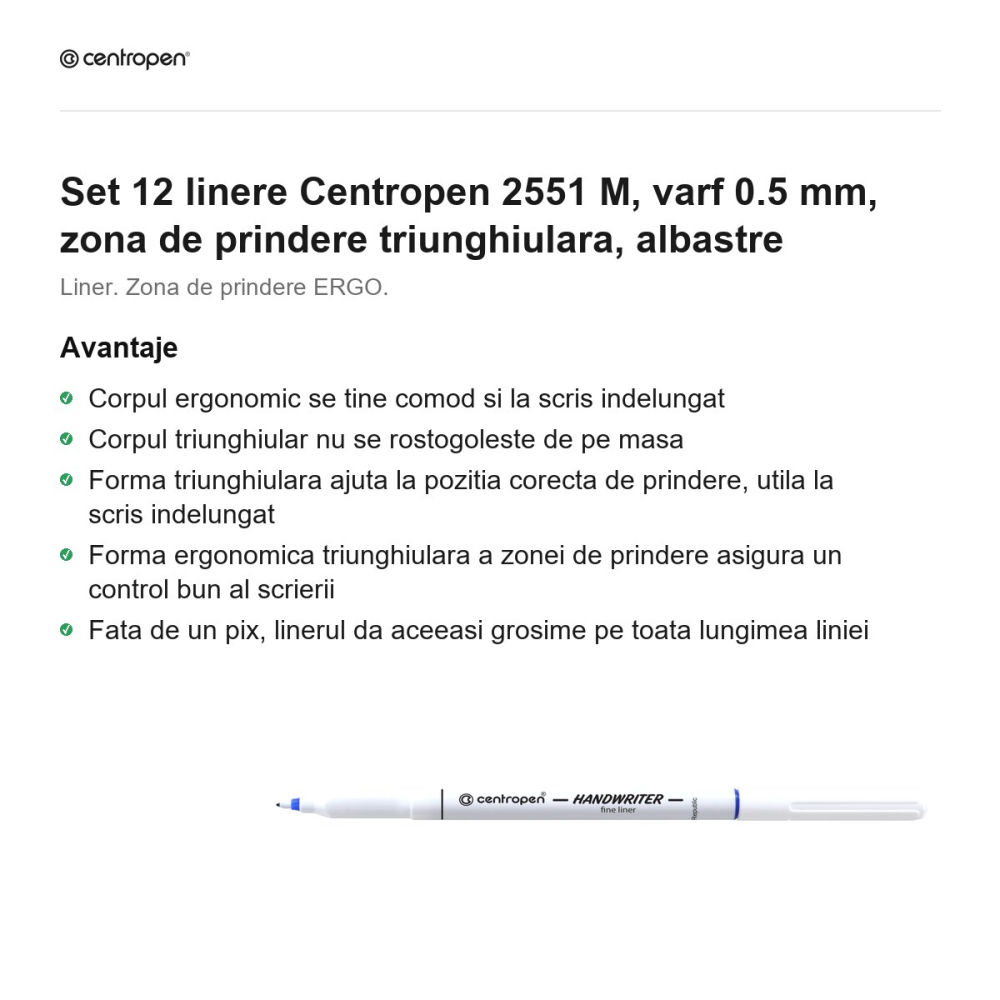 Set 12 linere Centropen 2551 M, varf 0.5 mm, zona de prindere triunghiulara, albastre [2]