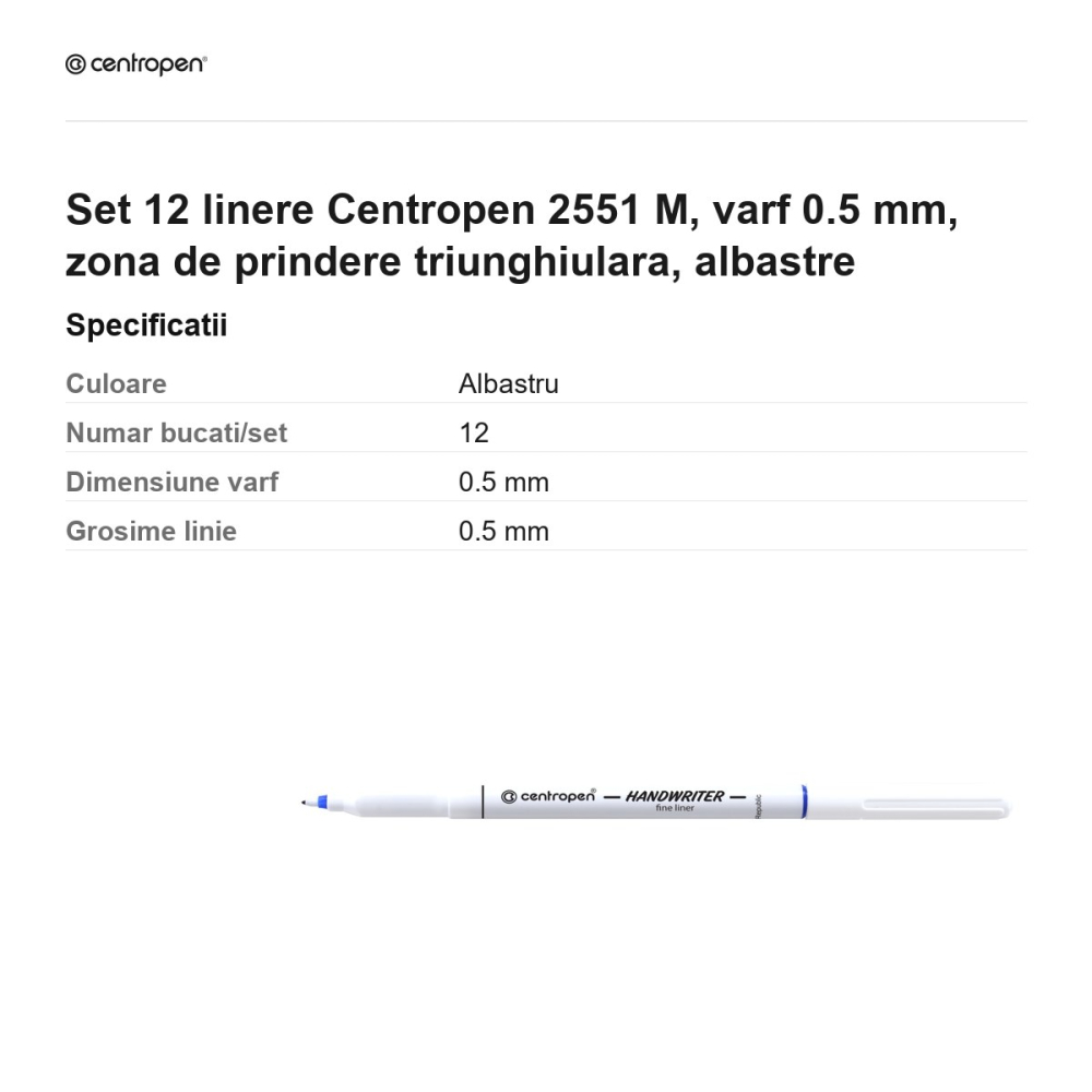 Set 12 linere Centropen 2551 M, varf 0.5 mm, zona de prindere triunghiulara, albastre [3]