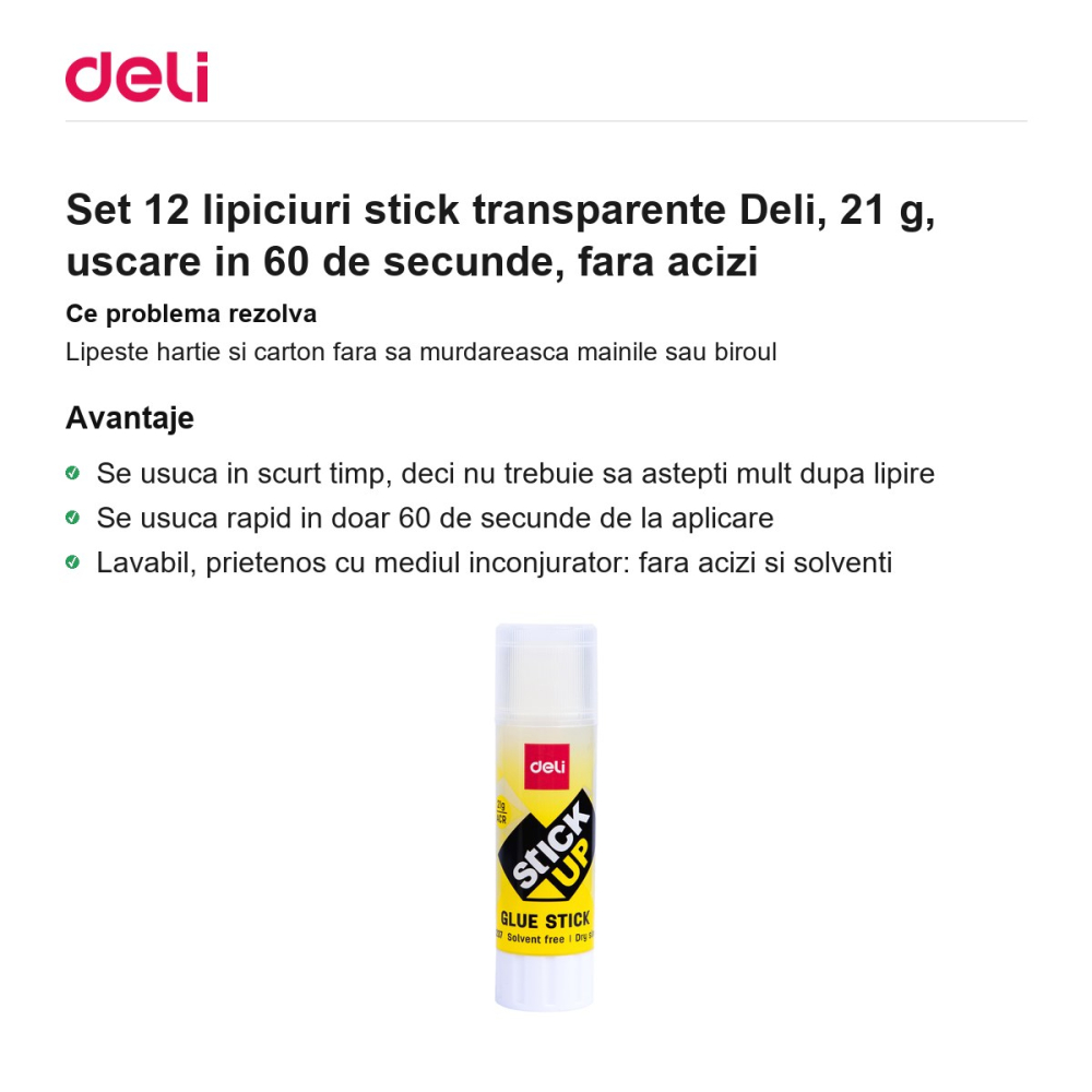 Set 12 lipiciuri stick transparente Deli, 21 g, uscare in 60 de secunde, fara acizi [2]