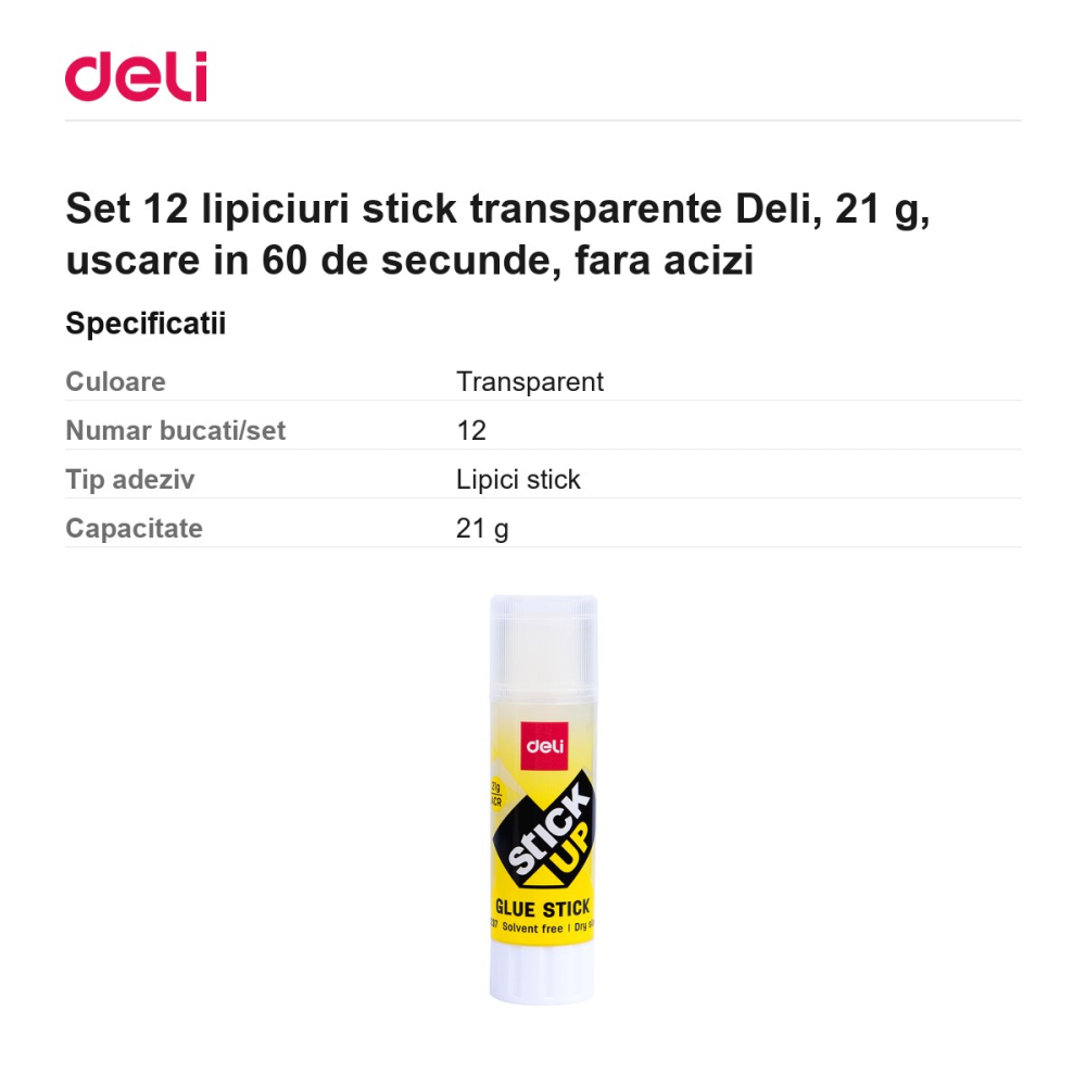 Set 12 lipiciuri stick transparente Deli, 21 g, uscare in 60 de secunde, fara acizi [3]