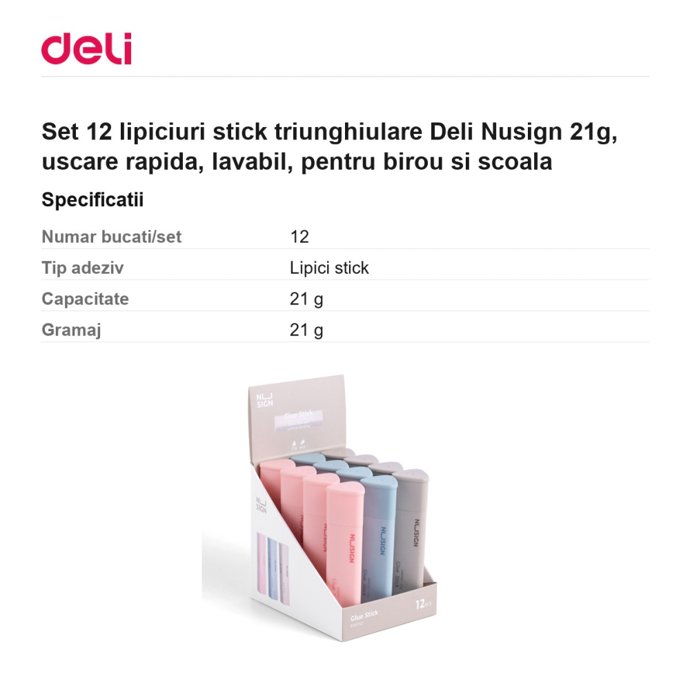 Set 12 lipiciuri stick triunghiulare Deli Nusign 21g, uscare rapida, lavabil, pentru birou si scoala [3]