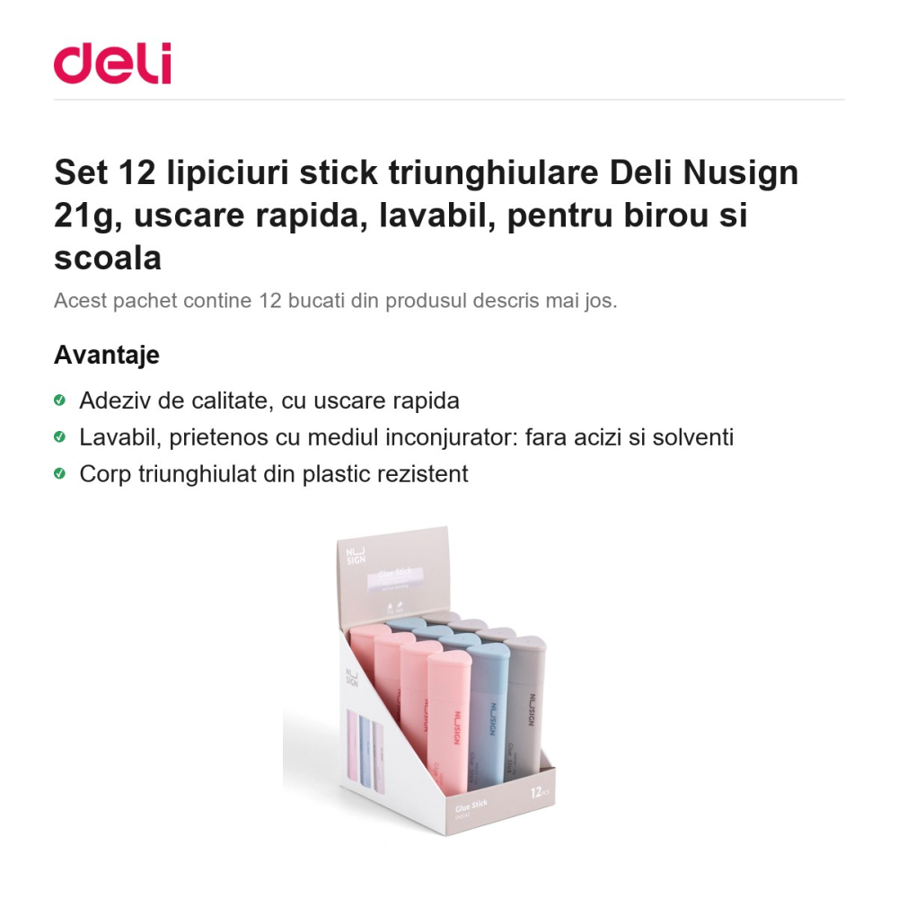 Set 12 lipiciuri stick triunghiulare Deli Nusign 21g, uscare rapida, lavabil, pentru birou si scoala [2]
