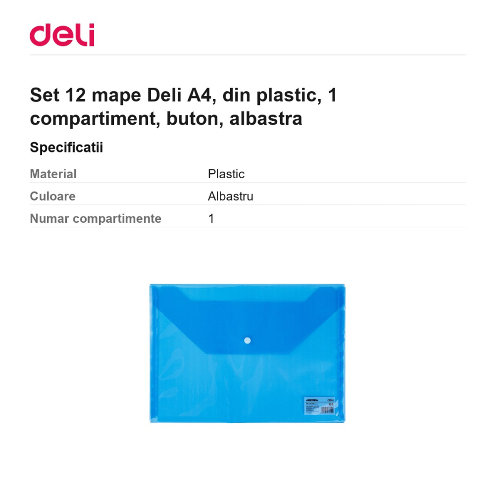 Set 12 mape Deli A4, din plastic, 1 compartiment, buton, albastra [3]