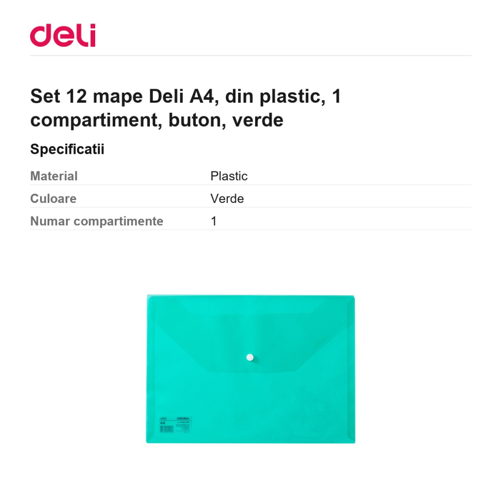 Set 12 mape Deli A4, din plastic, 1 compartiment, buton, verde [3]