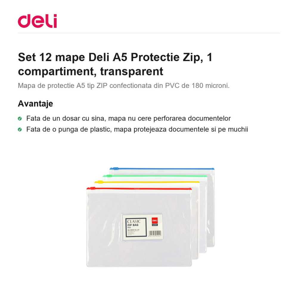 Set 12 mape Deli A5 Protectie Zip, din pvc, 1 compartiment, transparent [2]