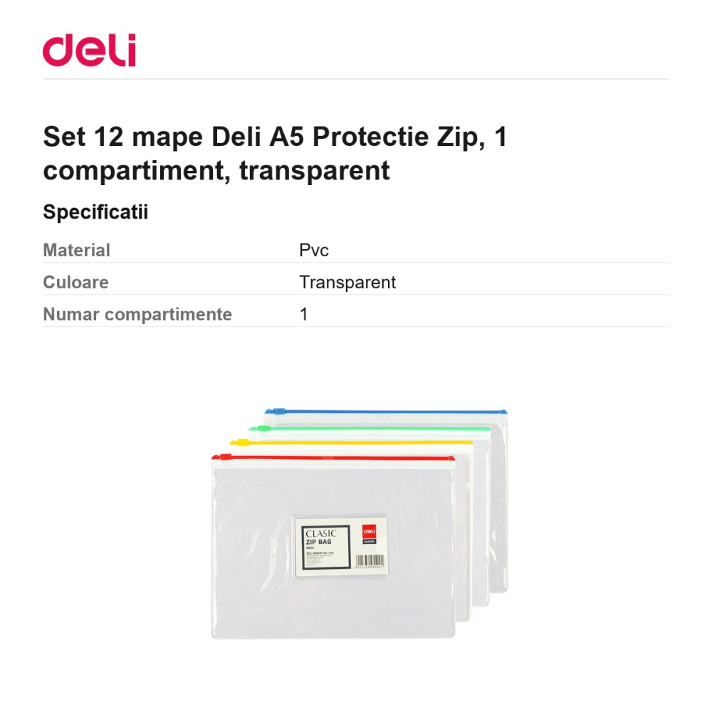 Set 12 mape Deli A5 Protectie Zip, din pvc, 1 compartiment, transparent [3]