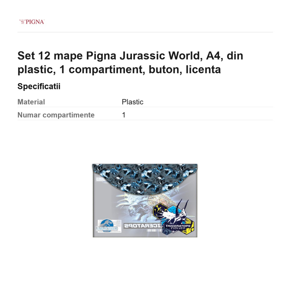 Set 12 mape Pigna Jurassic World, A4, din plastic, 1 compartiment, buton, licenta [3]