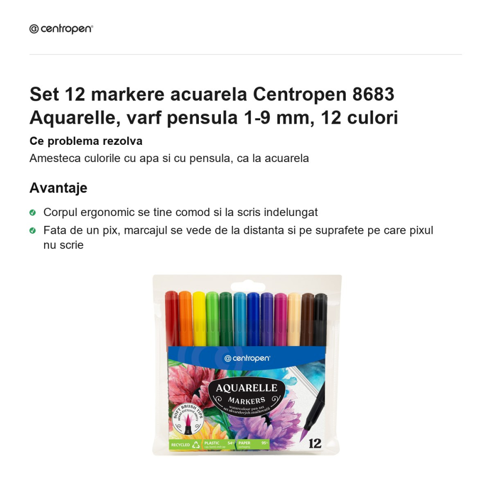 Set 12 markere acuarela Centropen 8683 Aquarelle, varf pensula 1-9 mm, 12 culori [2]