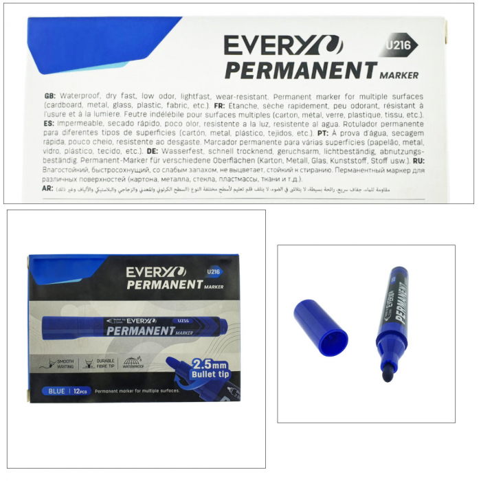 Set 12 markere albastre permanente cu varf rotund 2.5mm, rezistente la apa, scriere lina, model Everyday U216, lungime 145 mm, cu capac [3]