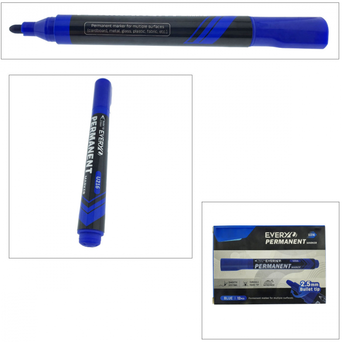 Set 12 markere albastre permanente cu varf rotund 2.5mm, rezistente la apa, scriere lina, model Everyday U216, lungime 145 mm, cu capac [2]