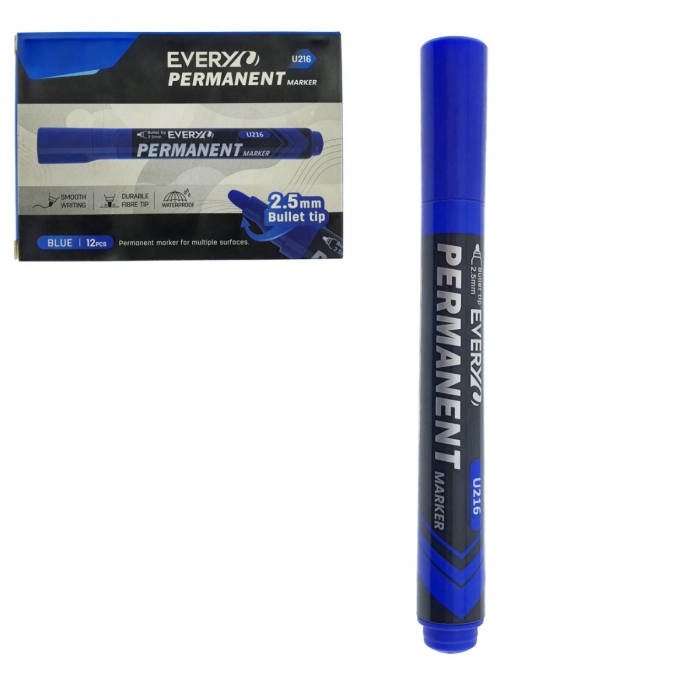 Set 12 markere albastre permanente cu varf rotund 2.5mm, rezistente la apa, scriere lina, model Everyday U216, lungime 145 mm, cu capac [1]